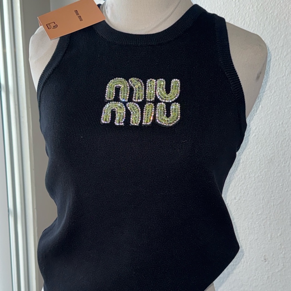 Miu Miu Black Tank Top with Embellished Logo